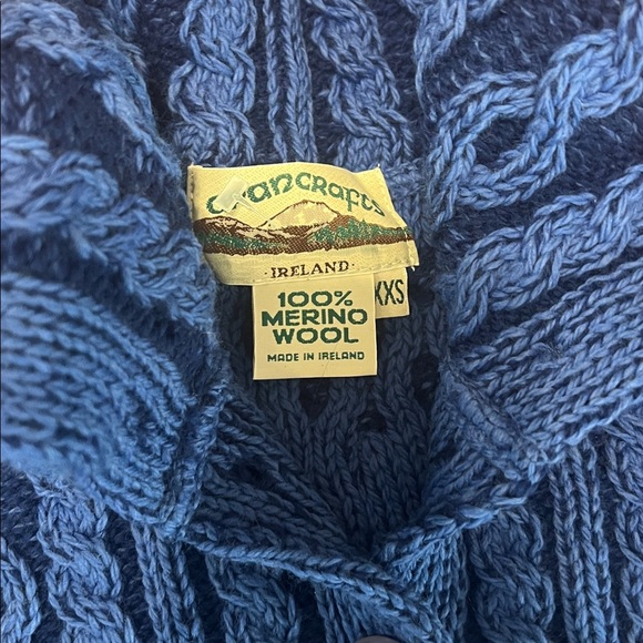 Aran Crafts Ireland 100% Merino Wool Cable Knit Cardigan Sweater Blue XXS - Picture 2 of 6